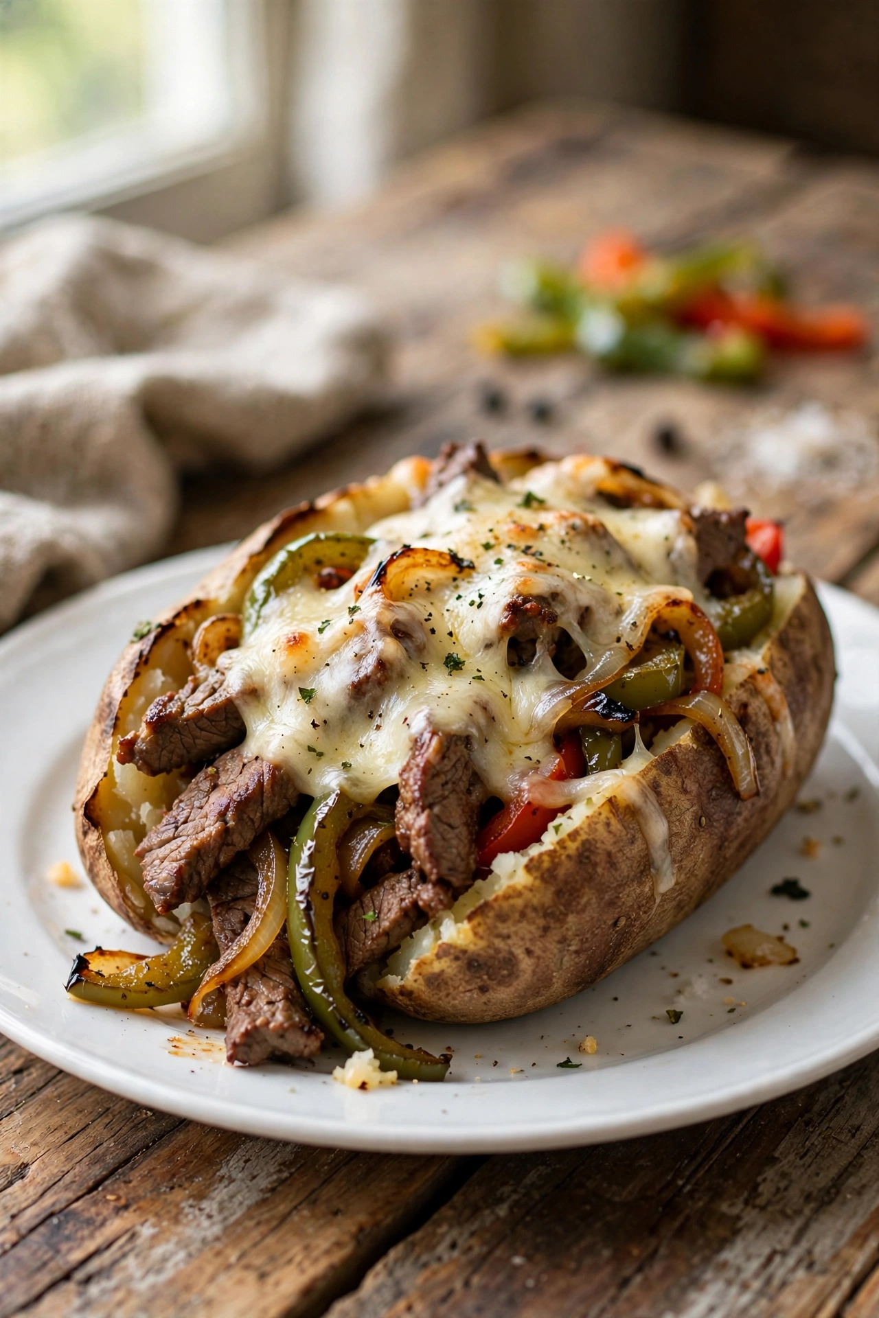 View of a Philly cheesesteak baked potato with sliced steak, peppers, onions, and melted provolone