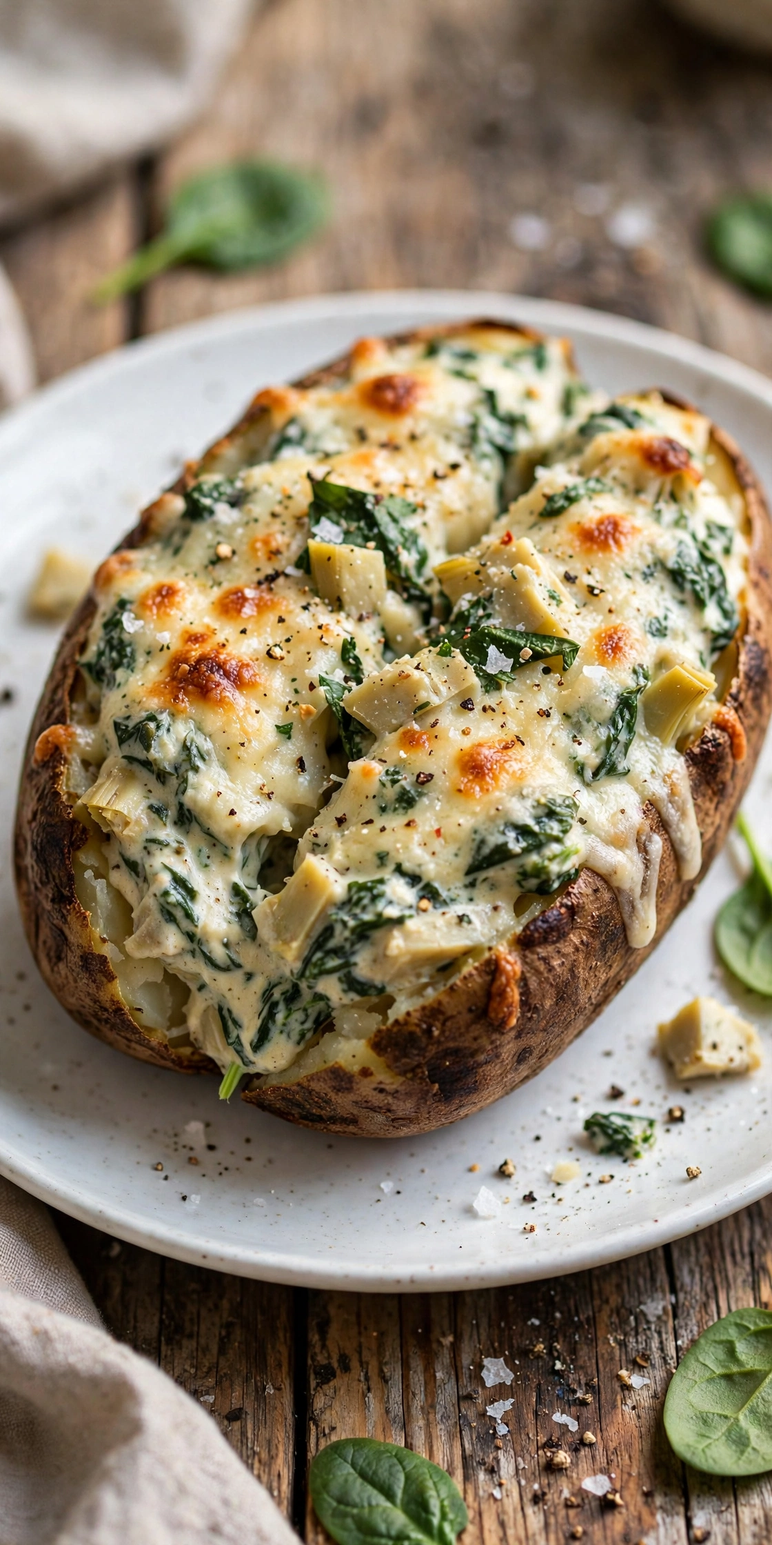 View of a spinach artichoke baked potato with creamy spinach artichoke dip, parmesan, and breadcrumbs