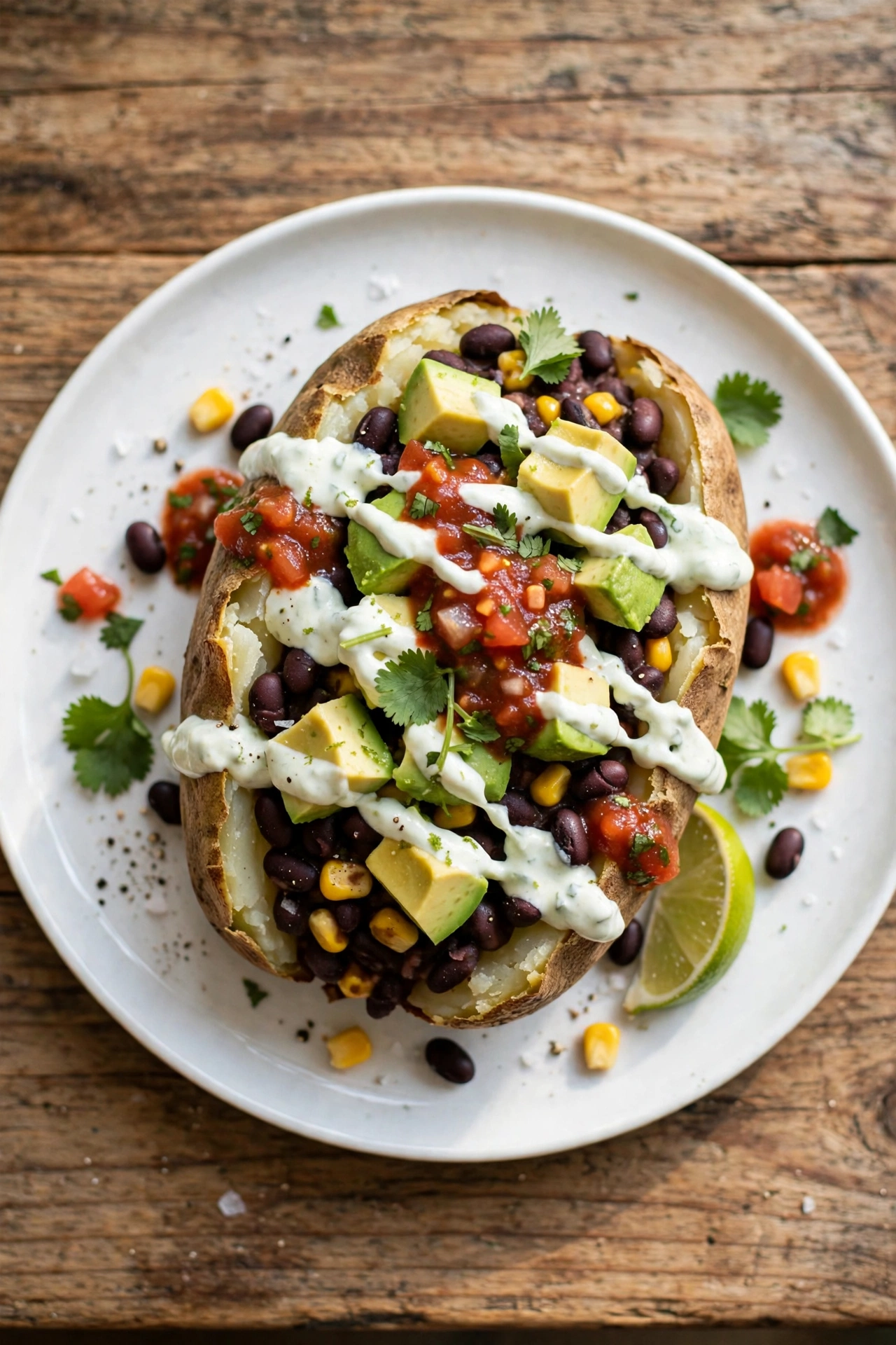 View of a black bean and corn baked potato with seasoned beans, corn, avocado, salsa, and cilantro