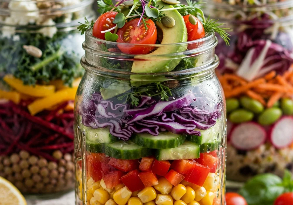 Mason jar salads layered colorful in jars