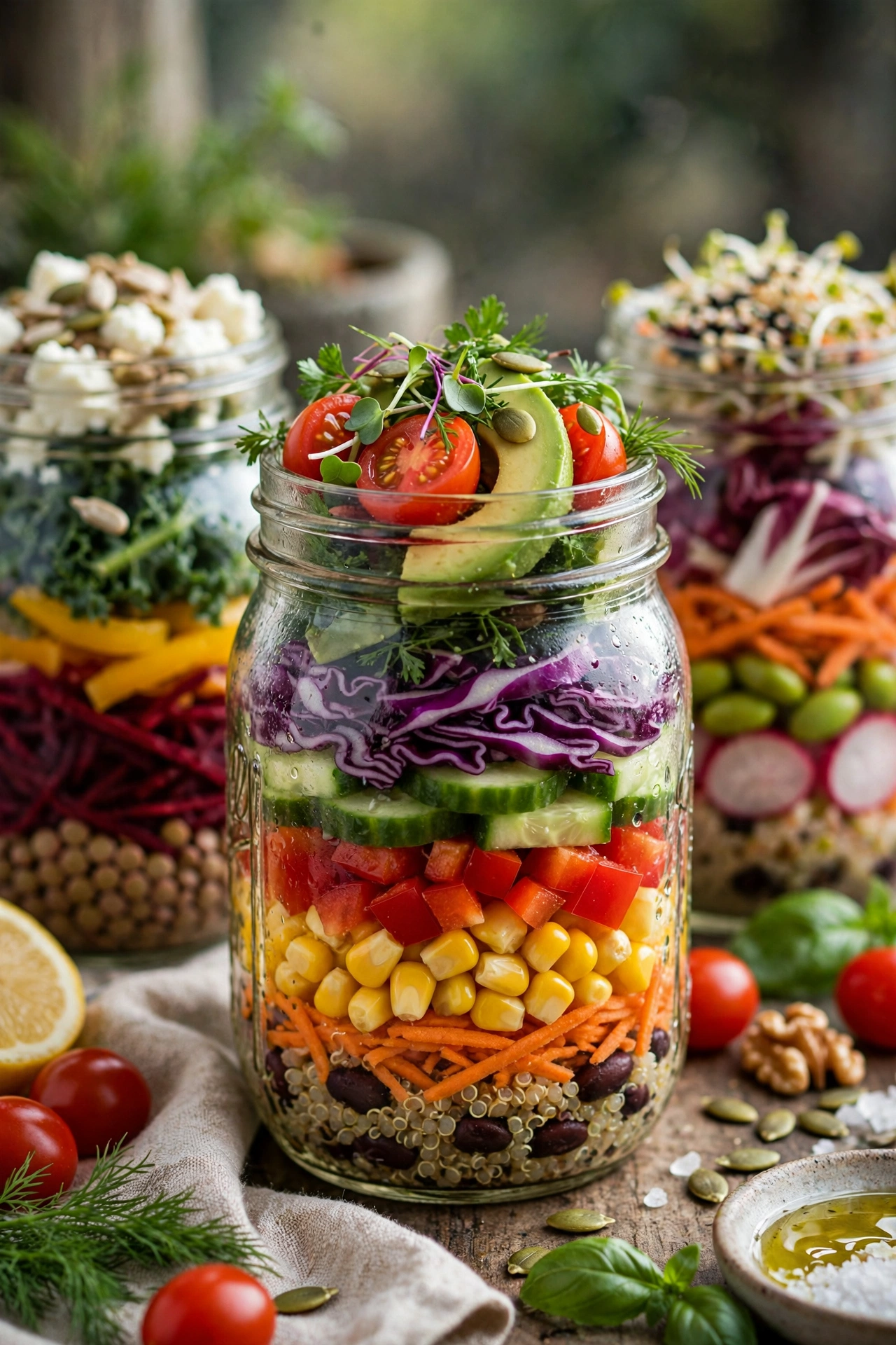 Mason jar salads layered colorful in jars