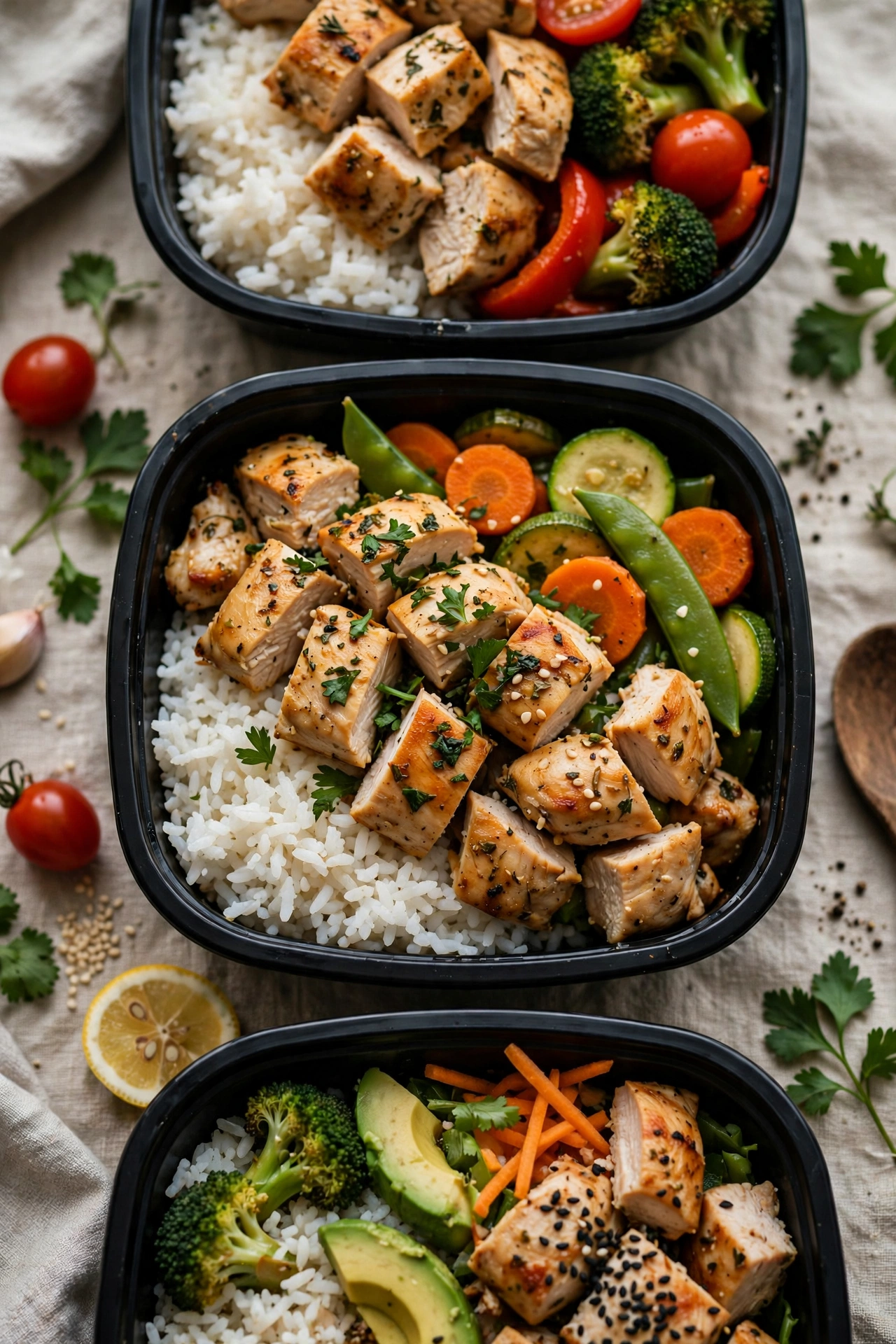 Chicken meal prep bowls with rice and vegetables