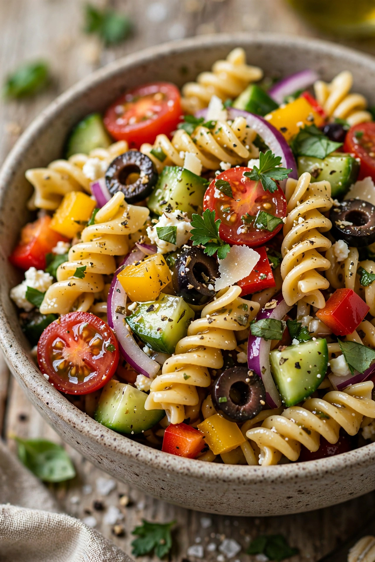 Pasta salad with Italian dressing and vegetables