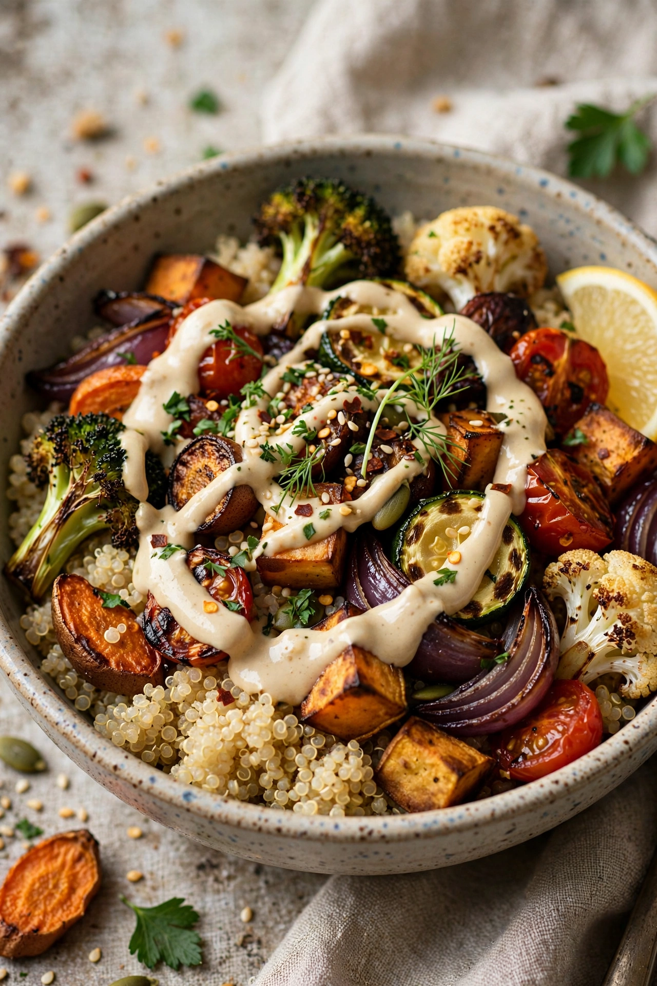 Quinoa bowls with roasted vegetables and tahini