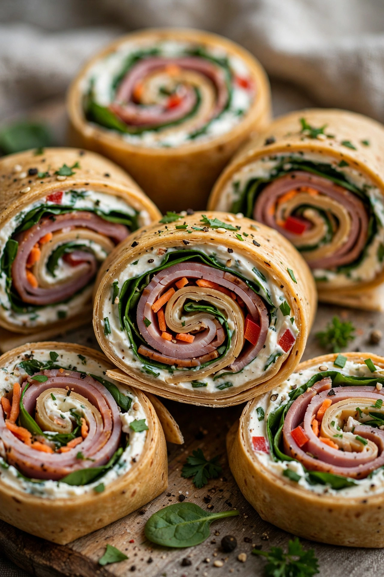 Wrap pinwheels sliced showing spiral filling