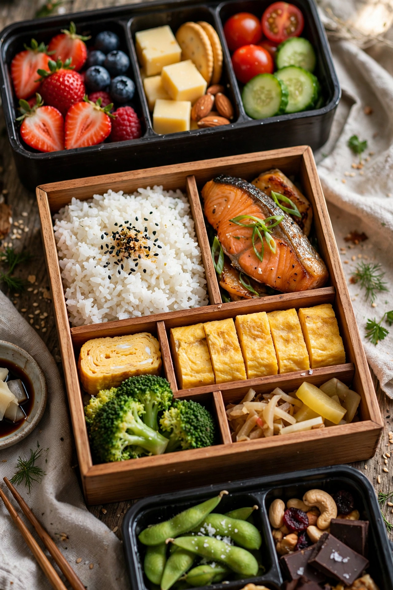 Bento boxes with compartments of snacks and lunch
