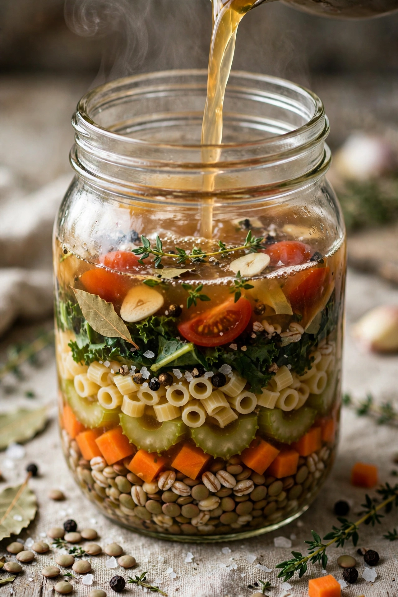 Soup in a jar layered ingredients with broth to add