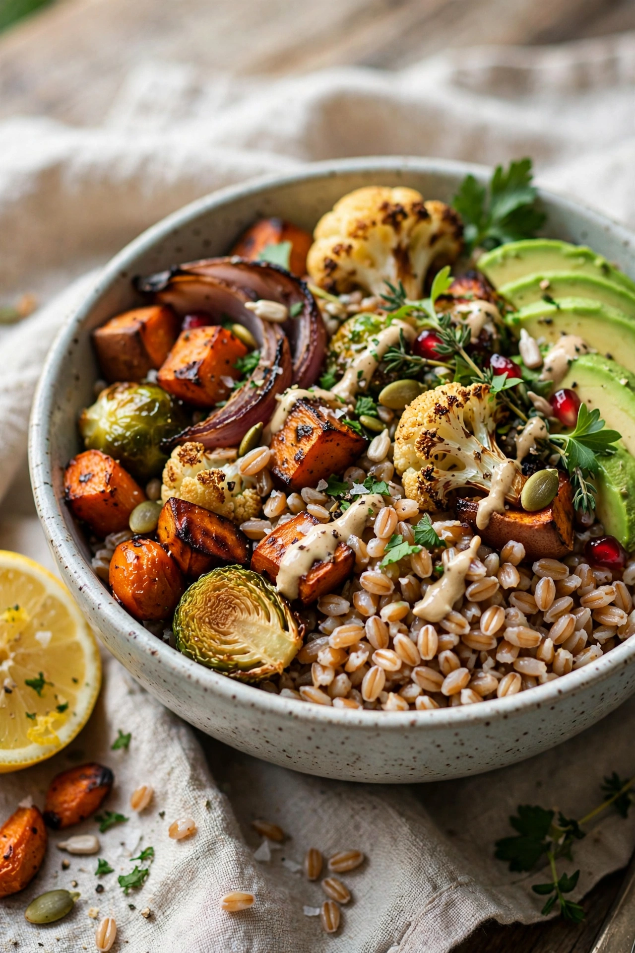 Grain bowls hearty with farro and roasted veg