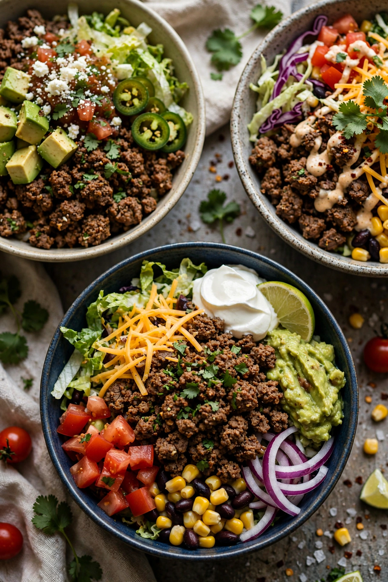 Taco bowls with seasoned beef and toppings