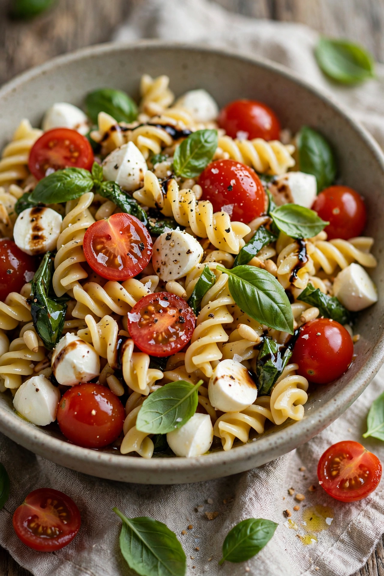 Caprese pasta salad with mozzarella basil and tomatoes