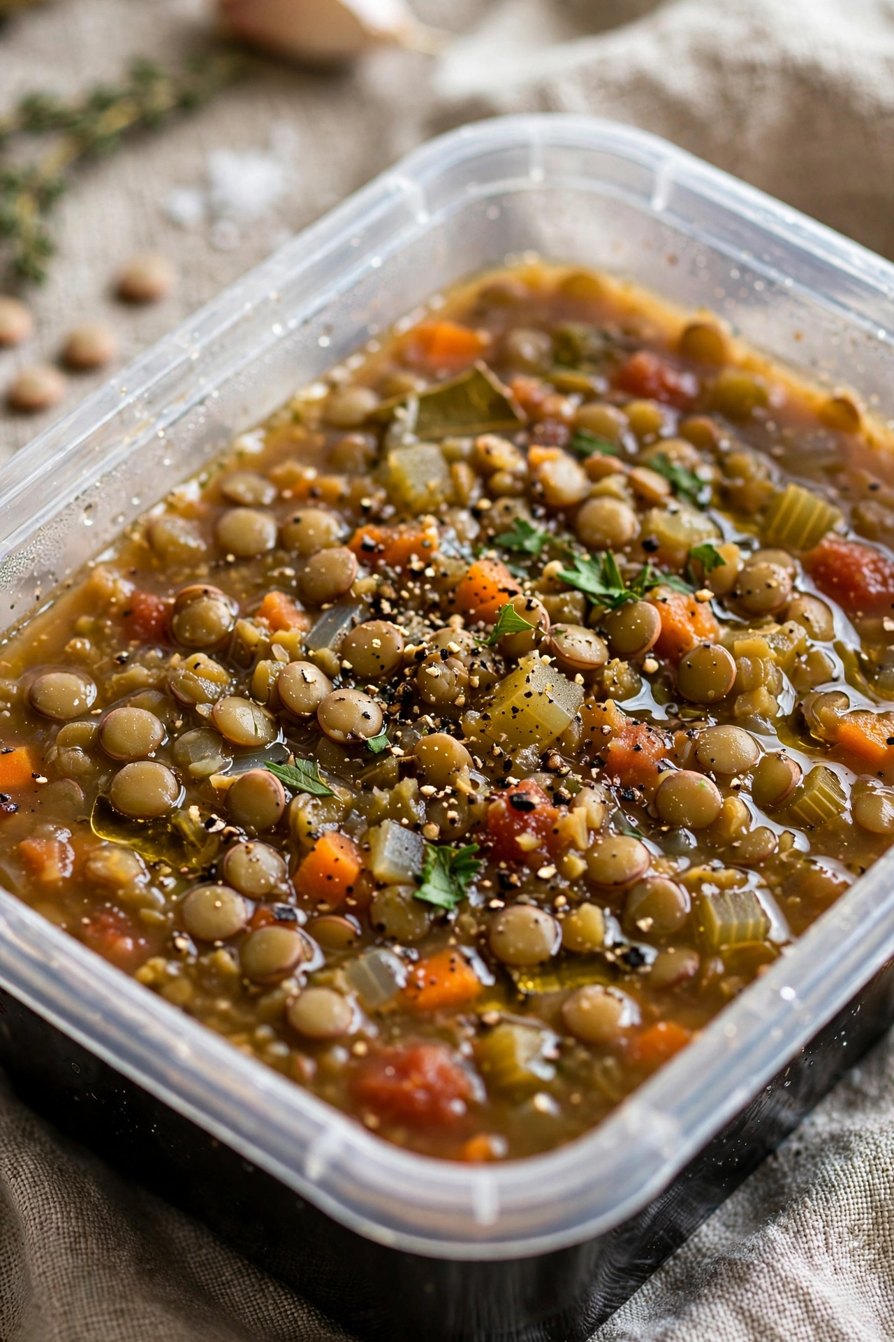 Lentil soup hearty in a meal prep container