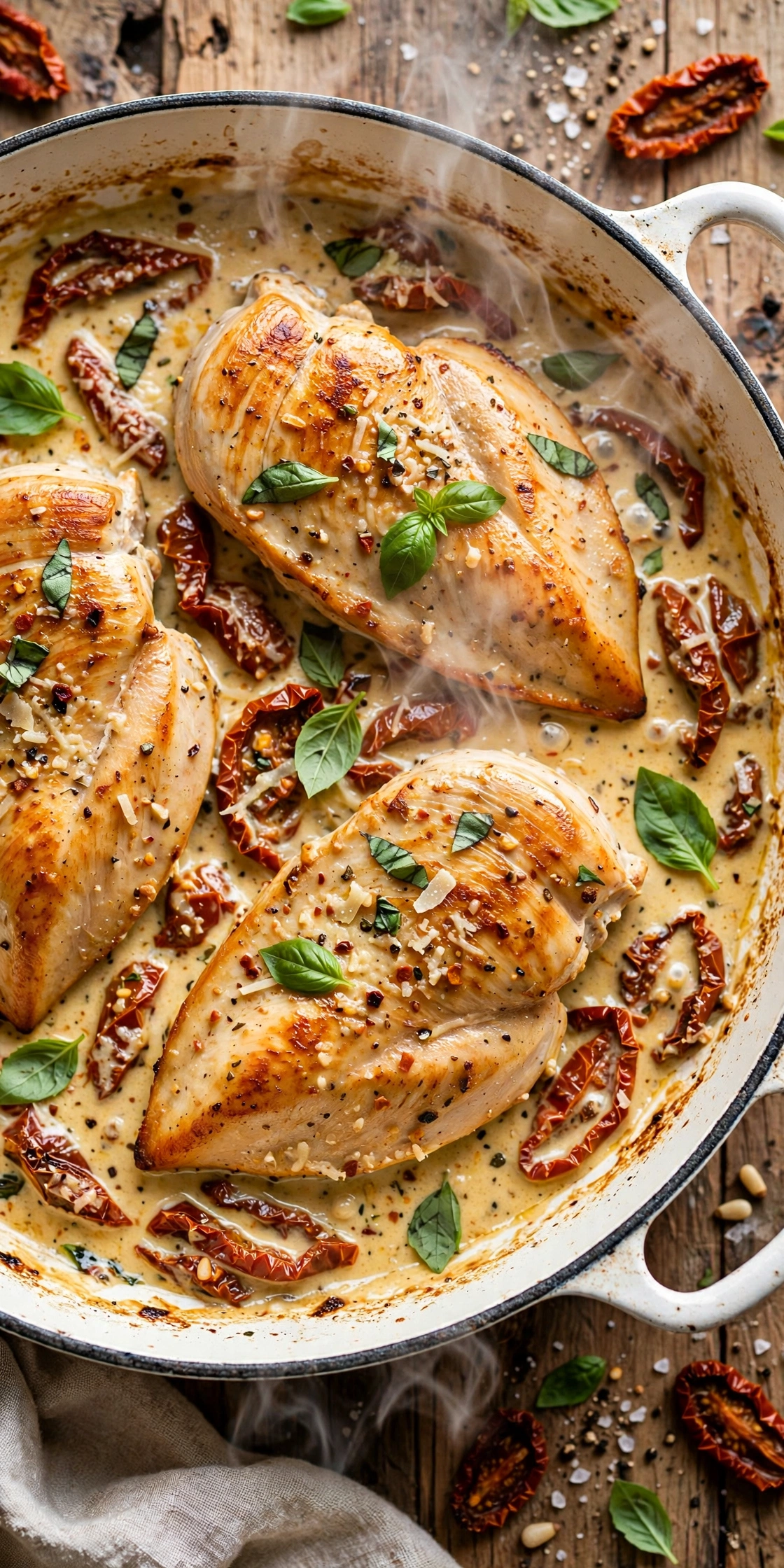 Close-up of classic creamy marry me chicken breasts in sun-dried tomato parmesan sauce in a white skillet with fresh basil