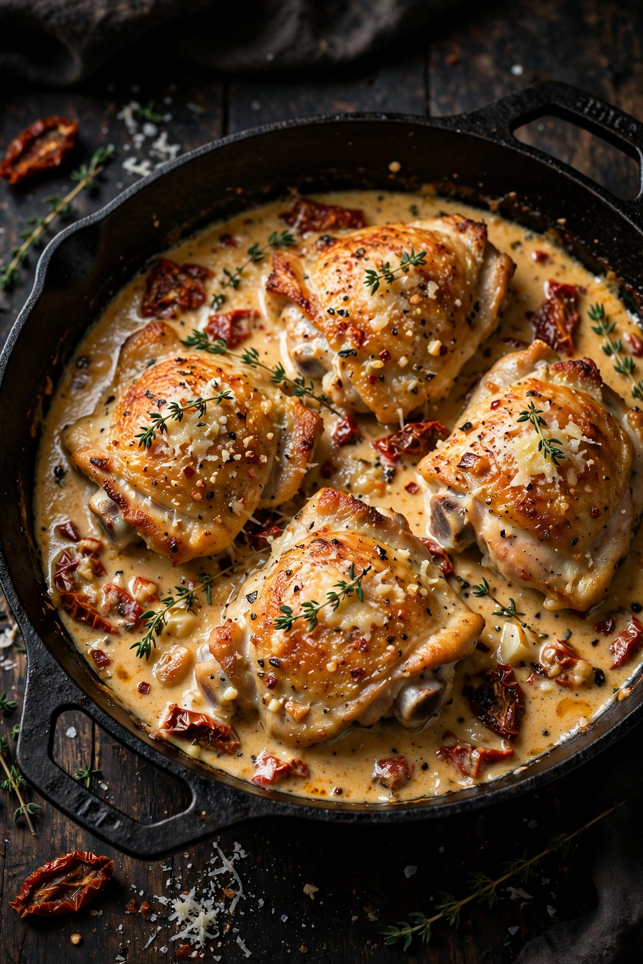 One-pan marry me chicken thighs in a cast iron skillet with creamy garlic sun-dried tomato sauce and fresh thyme