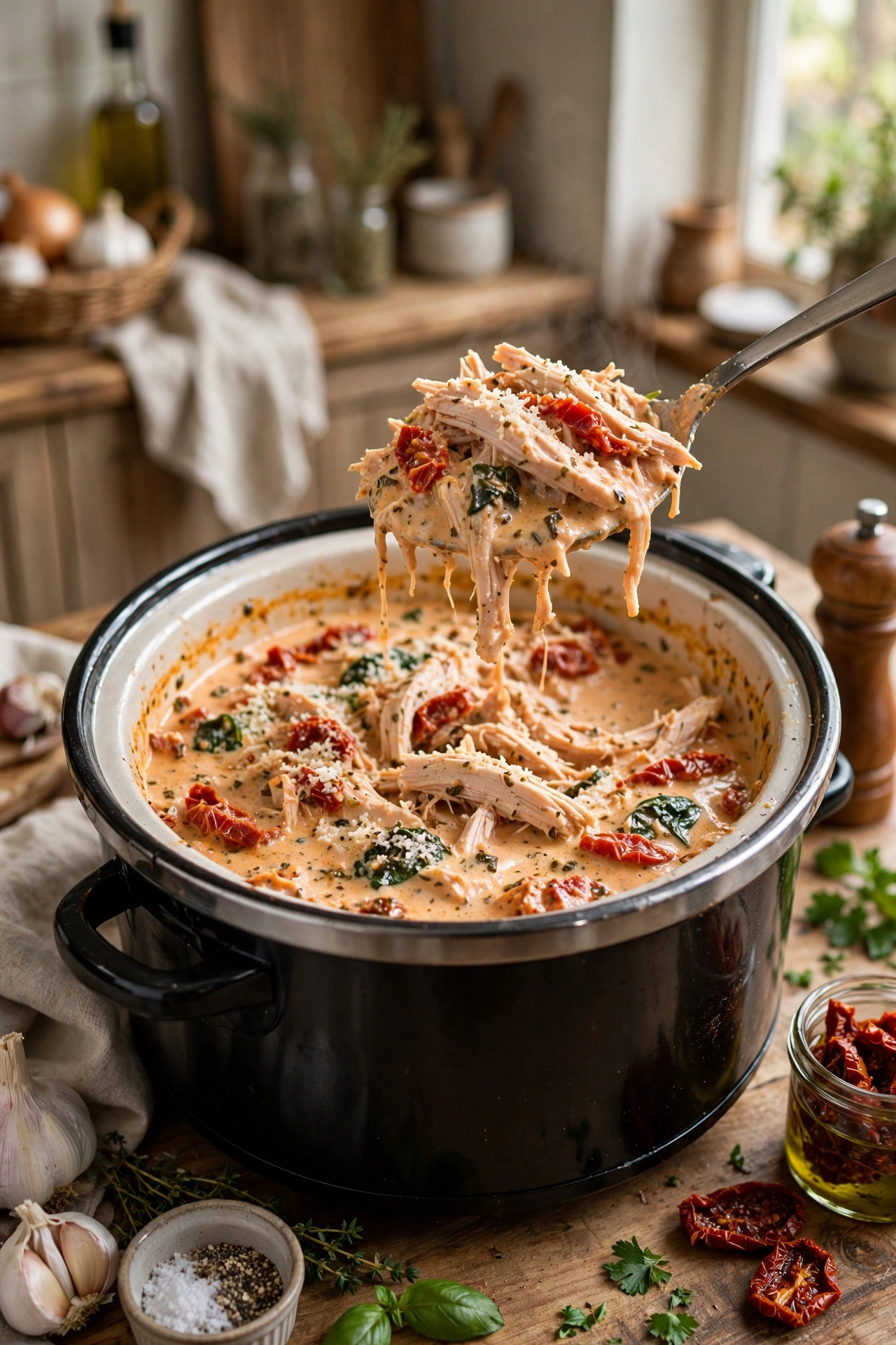 Slow cooker marry me chicken with tender shredded chicken in creamy sun-dried tomato sauce and a serving spoon