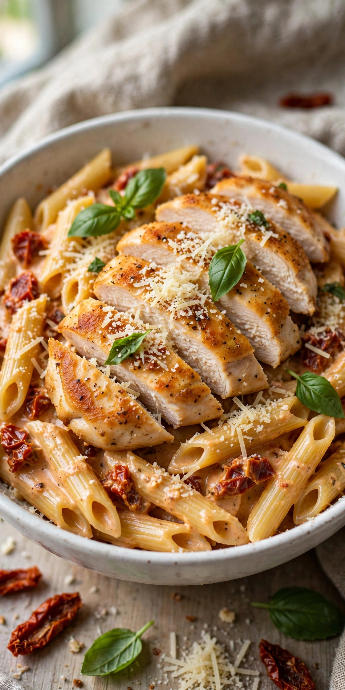 Marry me chicken pasta with penne in creamy sun-dried tomato parmesan sauce topped with sliced chicken and basil