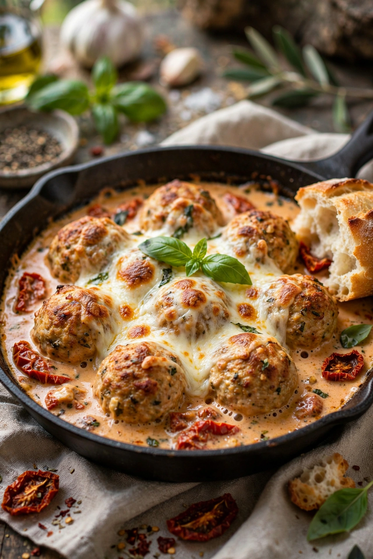 Marry me chicken meatballs simmered in creamy sun-dried tomato sauce with melted mozzarella and basil in a skillet
