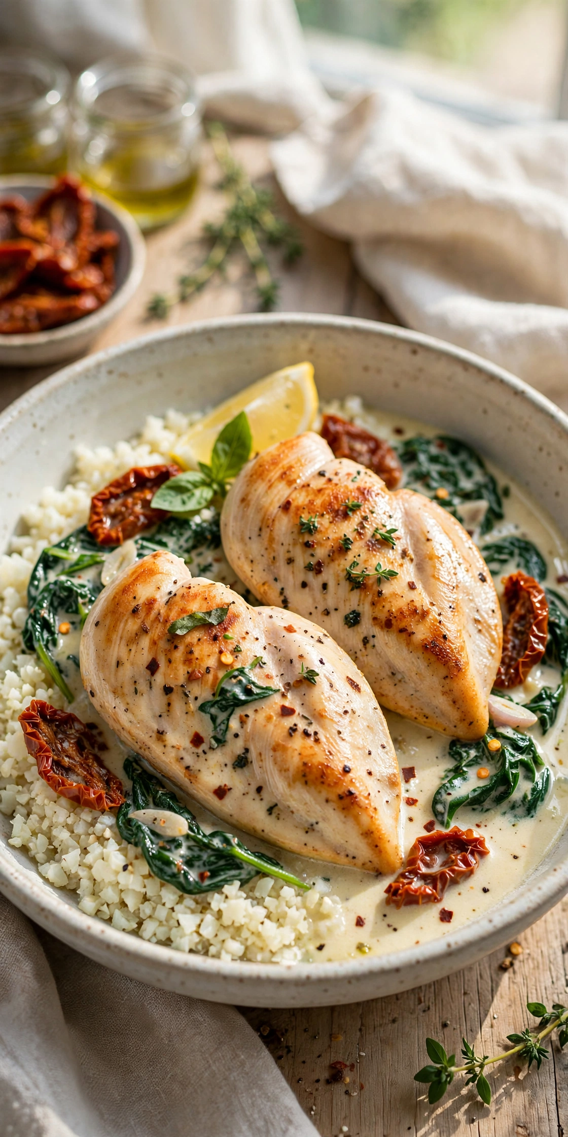 Dairy-free marry me chicken breasts in coconut milk sauce with sun-dried tomatoes and spinach over cauliflower rice