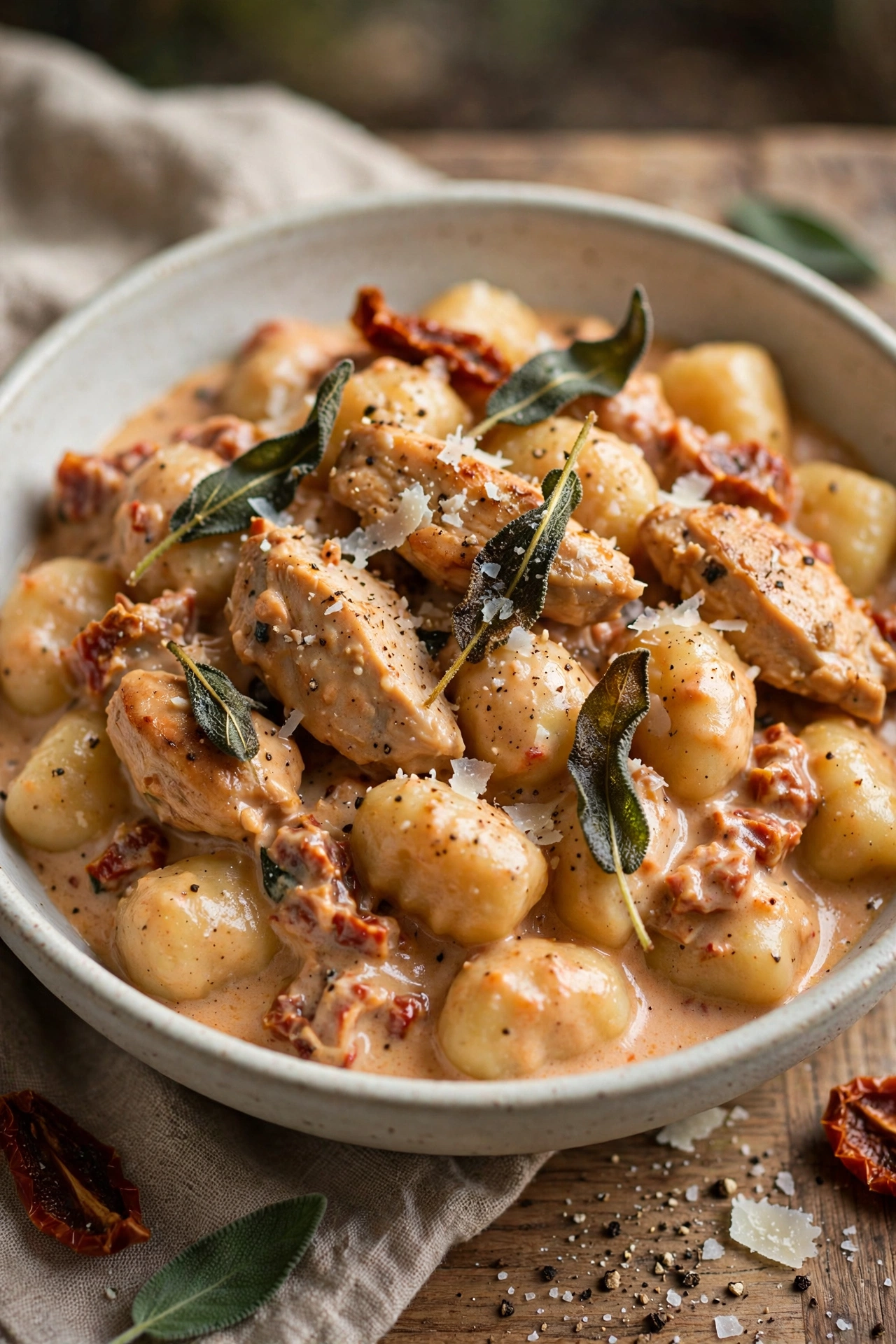 Marry me chicken gnocchi with pillowy potato gnocchi in creamy sun-dried tomato parmesan sauce and crispy sage