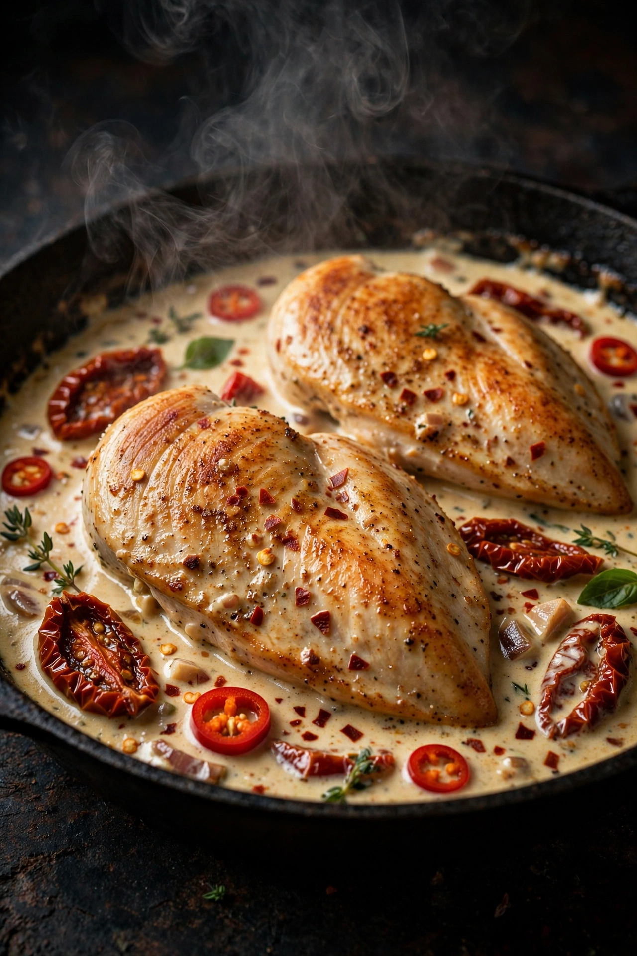 Spicy marry me chicken breasts in creamy sauce with red pepper flakes and sliced red chilies, steam rising