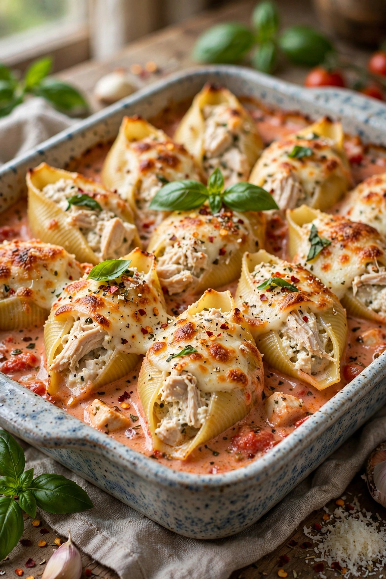 Marry me chicken stuffed jumbo pasta shells baked with melted mozzarella in a ceramic baking dish with fresh basil