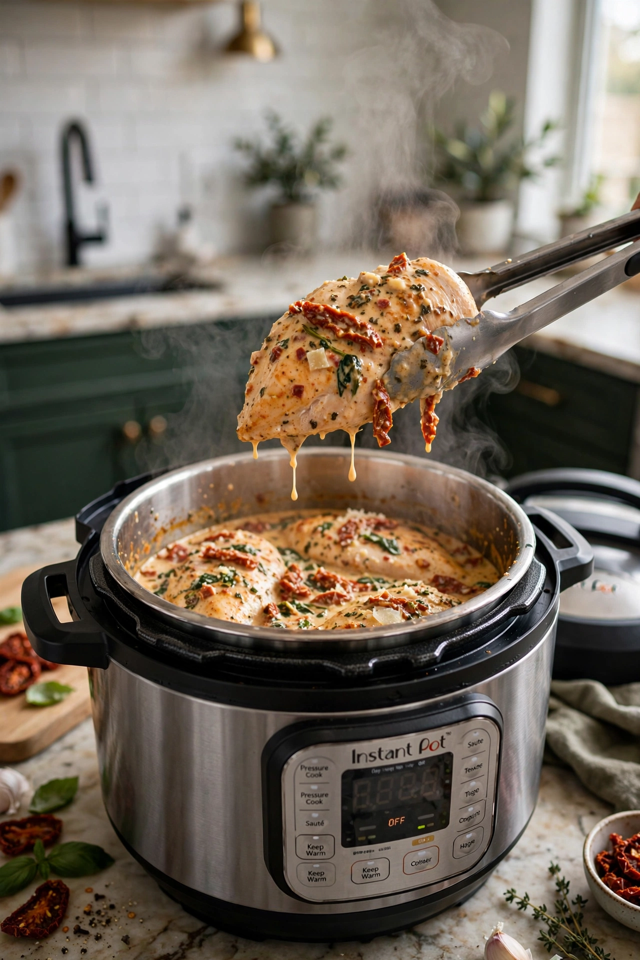 Instant pot marry me chicken breasts with sun-dried tomato cream sauce being lifted with tongs, steam rising