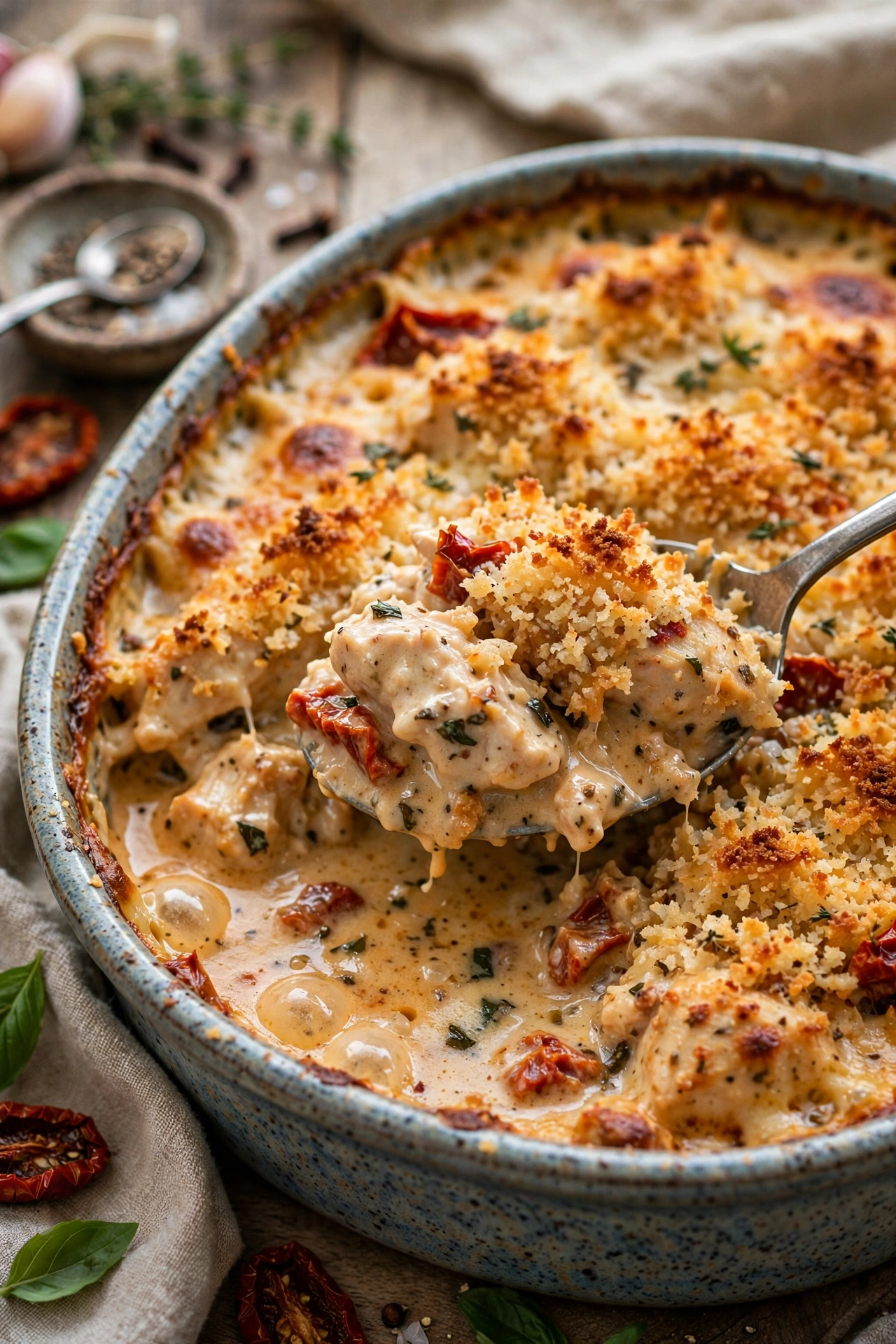 Bubbly golden marry me chicken casserole with crispy parmesan breadcrumb topping in a ceramic baking dish