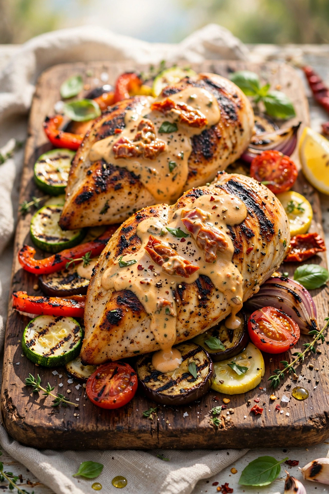 Grilled marry me chicken breasts with char marks drizzled with creamy sun-dried tomato sauce over grilled vegetables