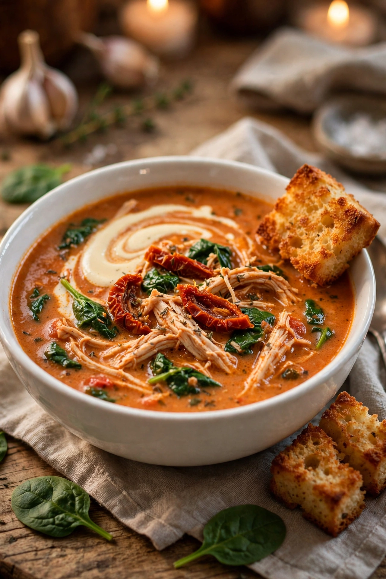 Creamy marry me chicken soup with shredded chicken, sun-dried tomatoes and spinach in a white bowl with cream swirl