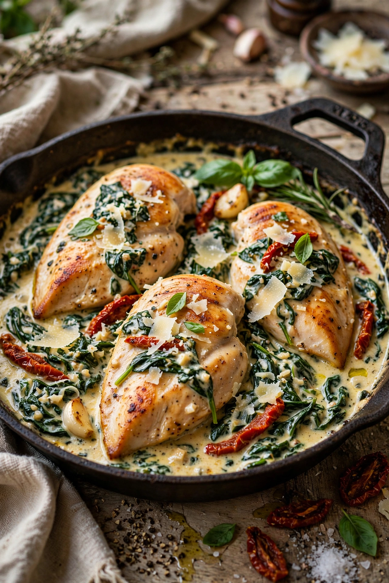 Tuscan marry me chicken with wilted spinach and sun-dried tomatoes in creamy garlic sauce in a rustic skillet