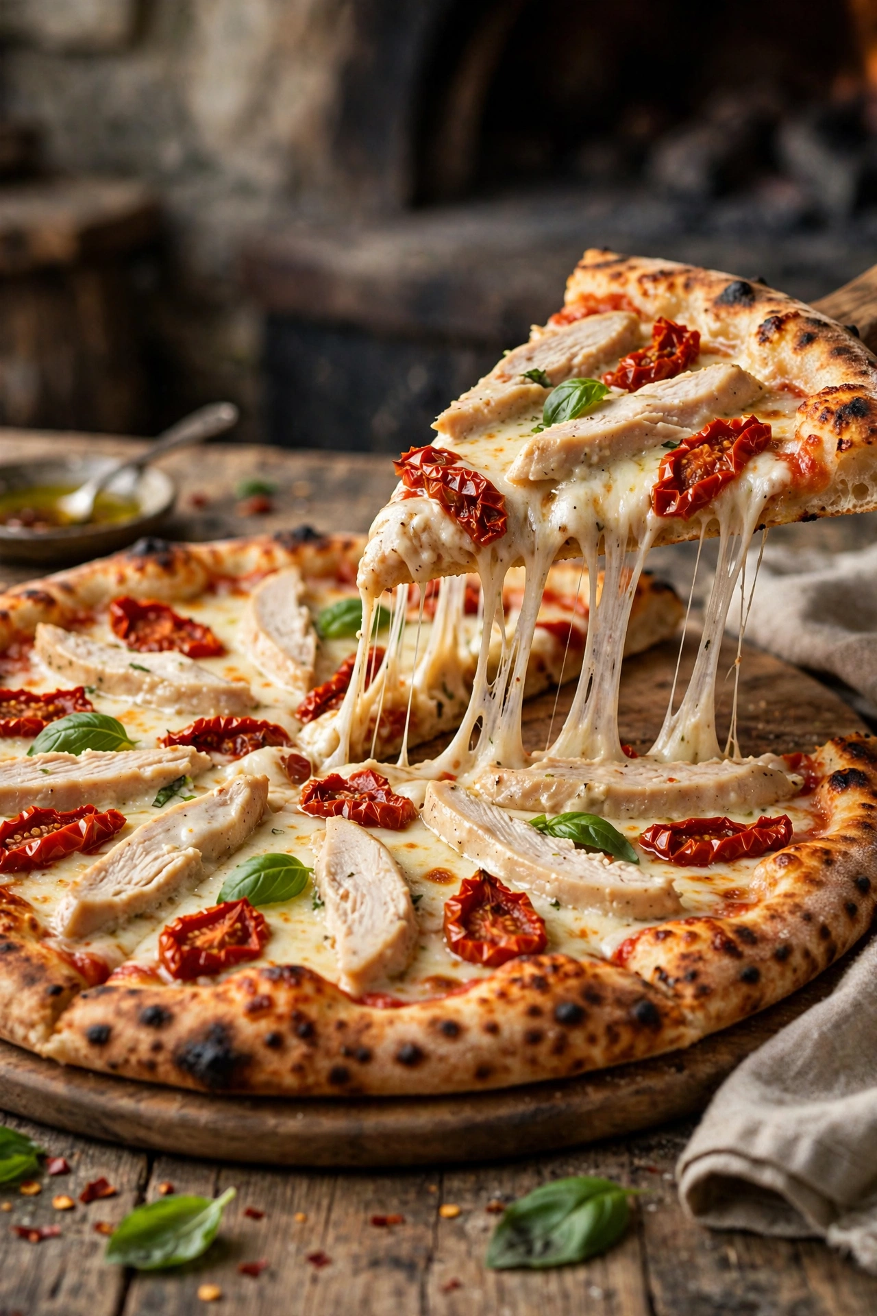Wood-fired marry me chicken pizza with sun-dried tomatoes, mozzarella and basil, cheese-pull slice being lifted