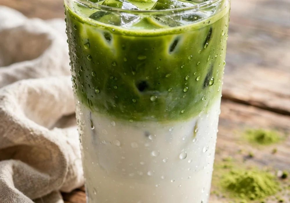 Iced matcha latte with layered milk and ice in a tall glass