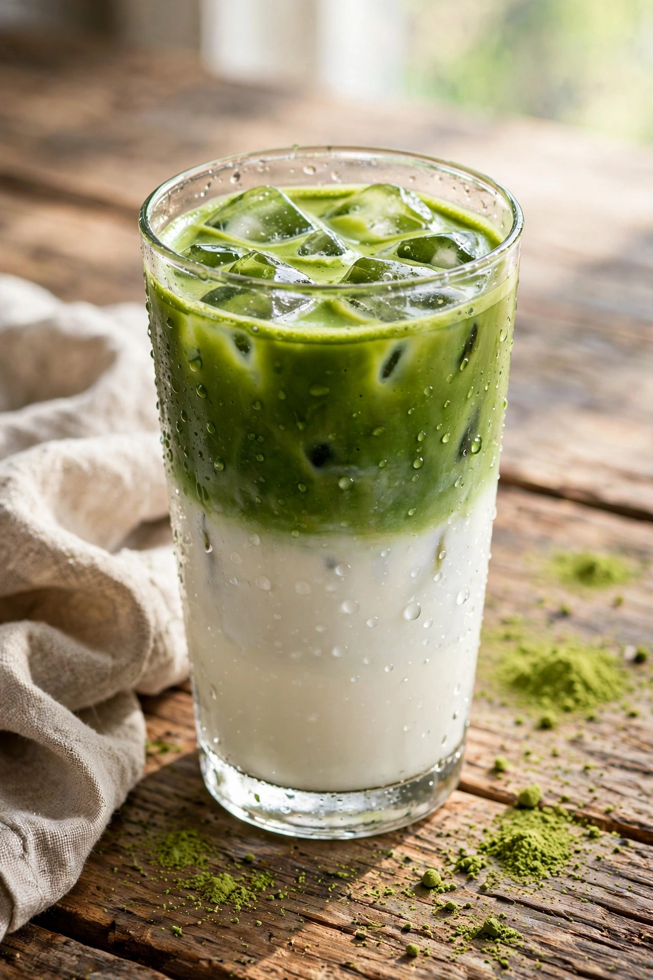 Iced matcha latte with layered milk and ice in a tall glass