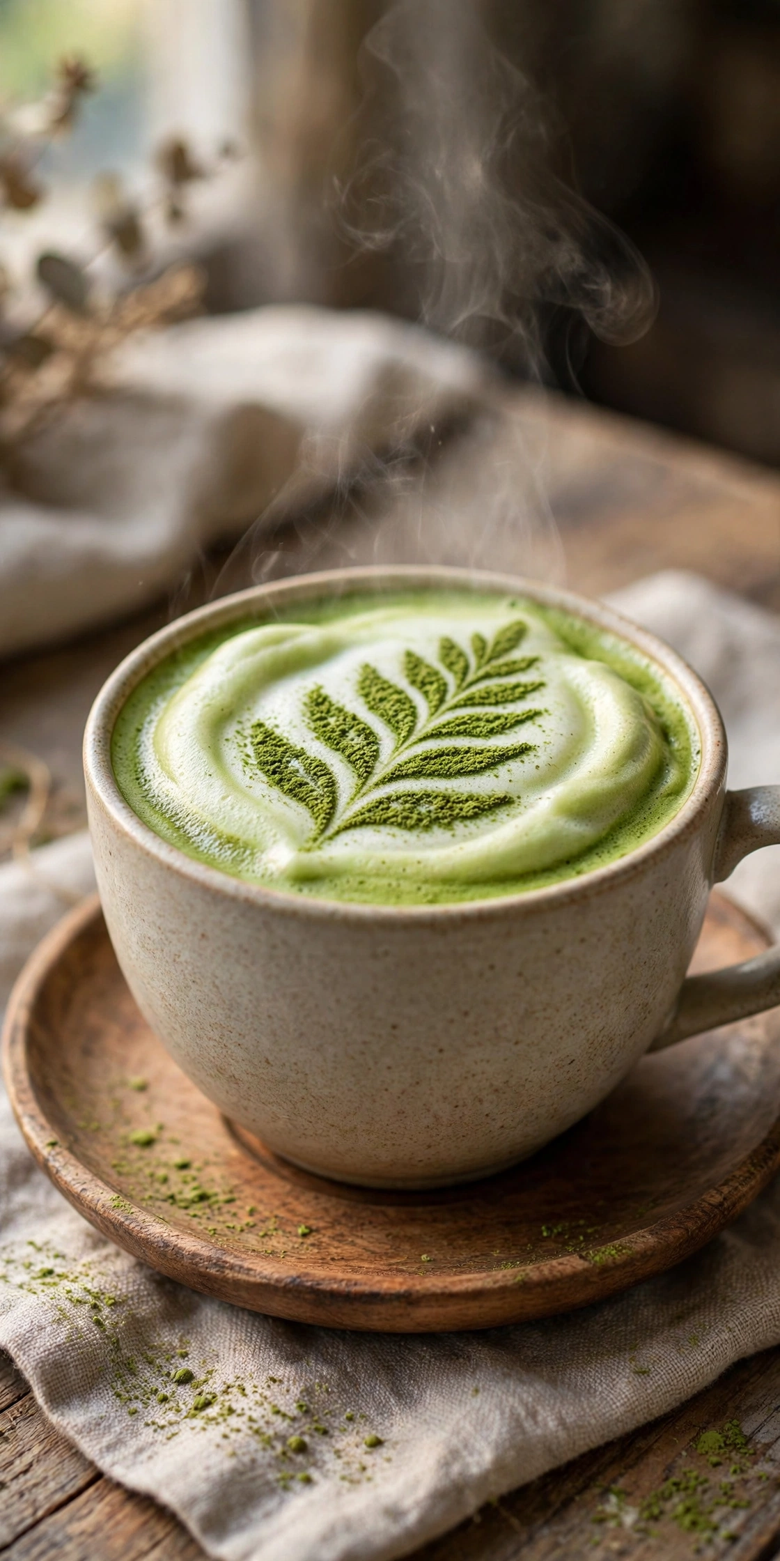Hot matcha cappuccino with thick foam in a ceramic cup