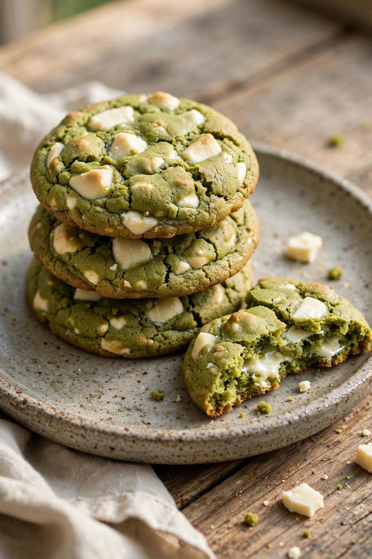 Matcha white chocolate cookies with green dough and white chips