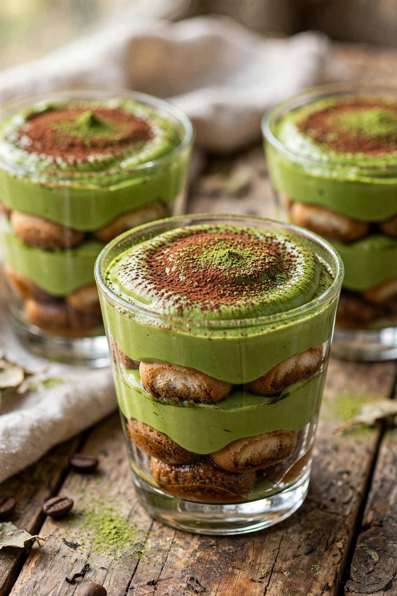 Matcha tiramisu cups with layered cream and cocoa