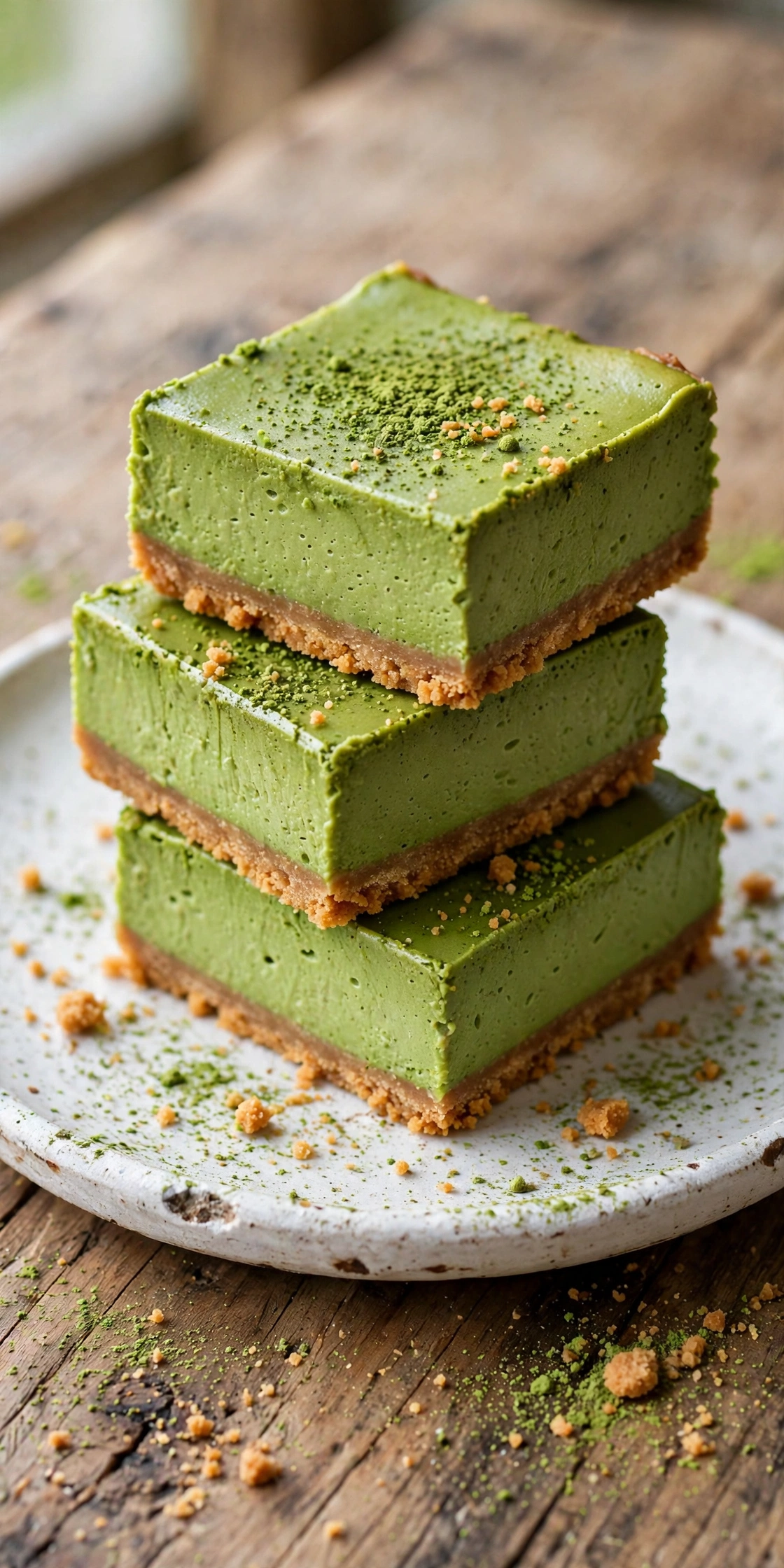 Matcha cheesecake bars with green filling and cookie crust