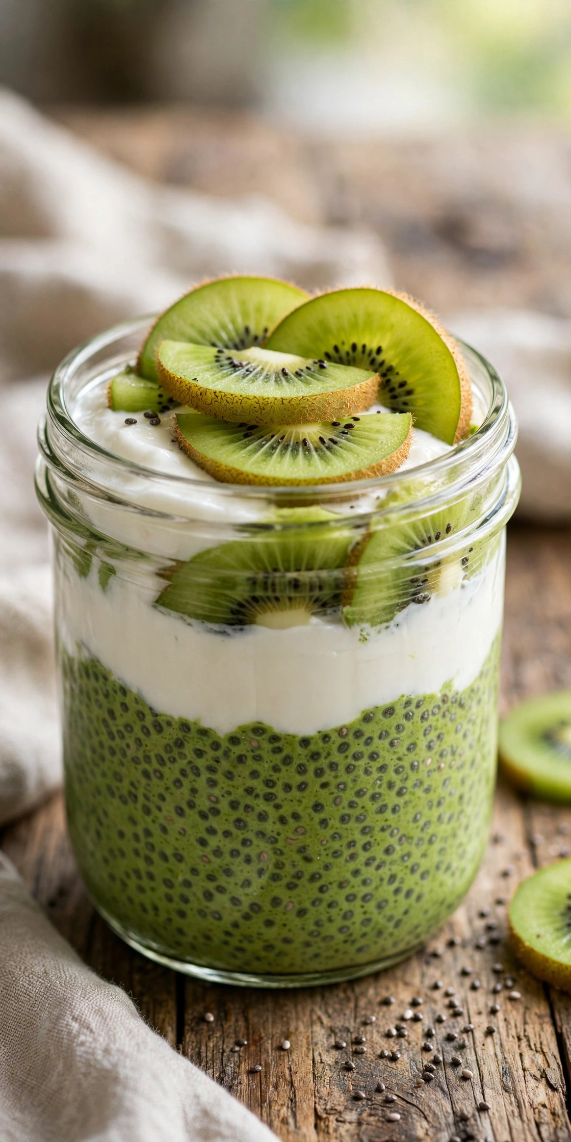 Matcha chia pudding with coconut milk and fresh fruit
