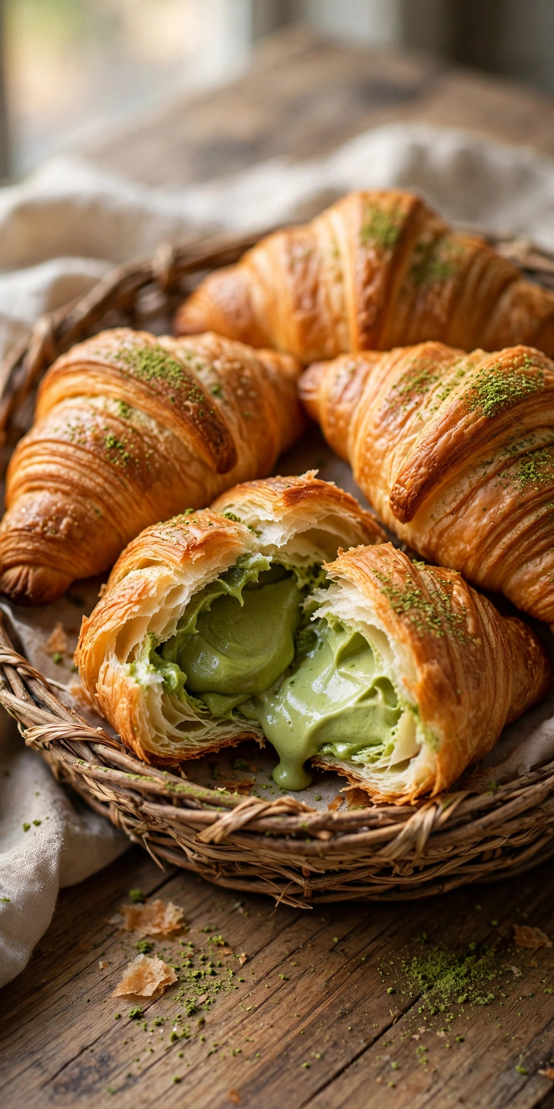 Matcha croissants with flaky green layers on a baking tray