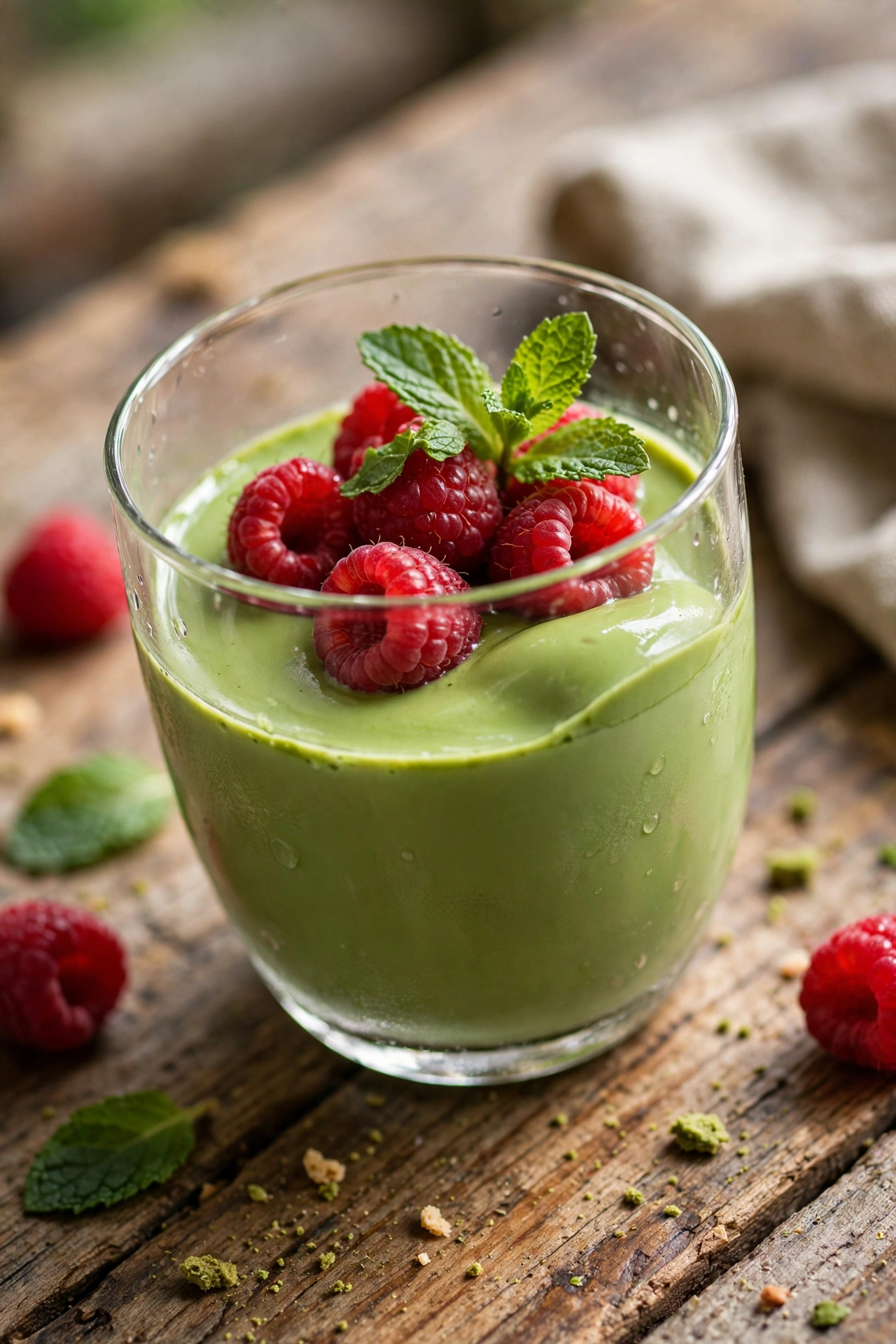 Matcha panna cotta with green custard and berry topping