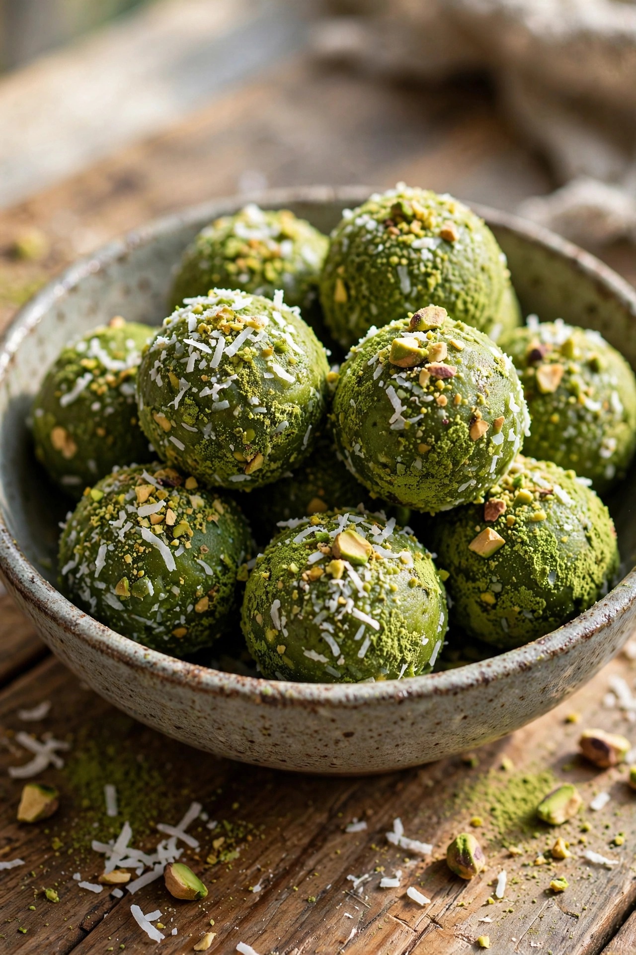 Matcha energy bliss balls rolled in coconut on a plate