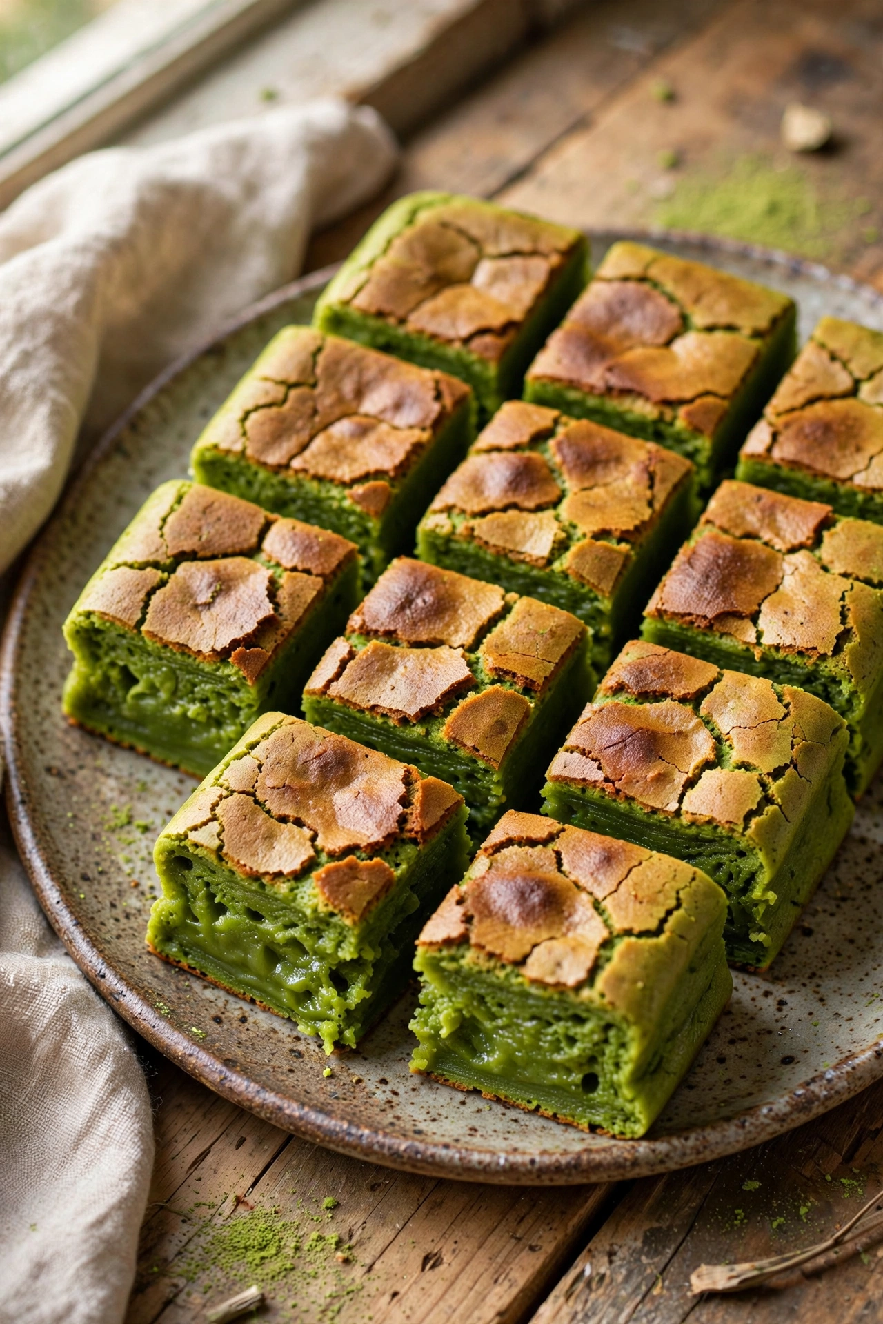 Matcha mochi cake with chewy green interior and crisp top