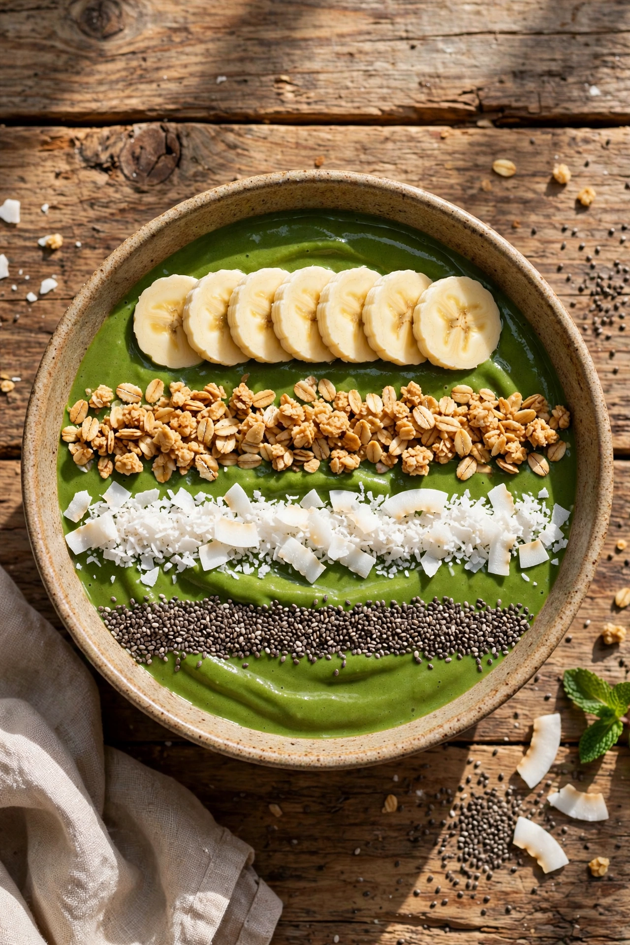 Matcha smoothie bowl with granola berries and banana slices