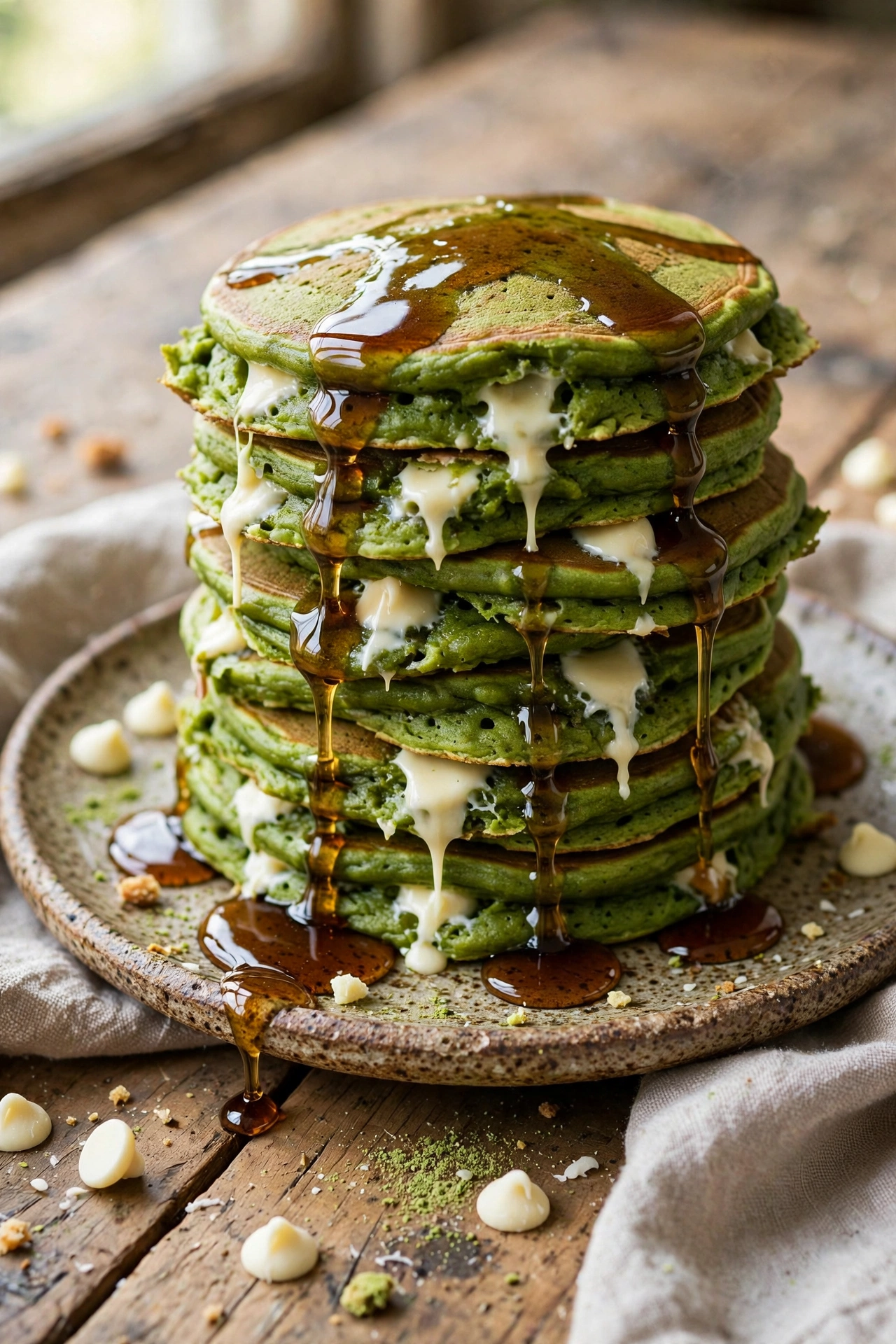 Matcha pancakes with white chocolate chips and maple syrup