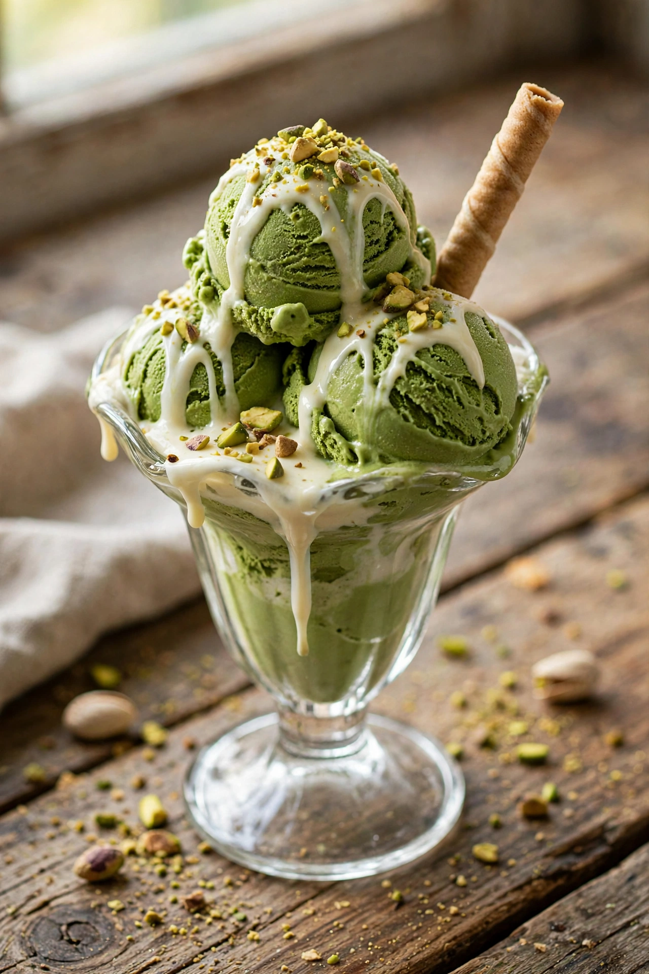 Matcha ice cream sundae with green scoops and toppings