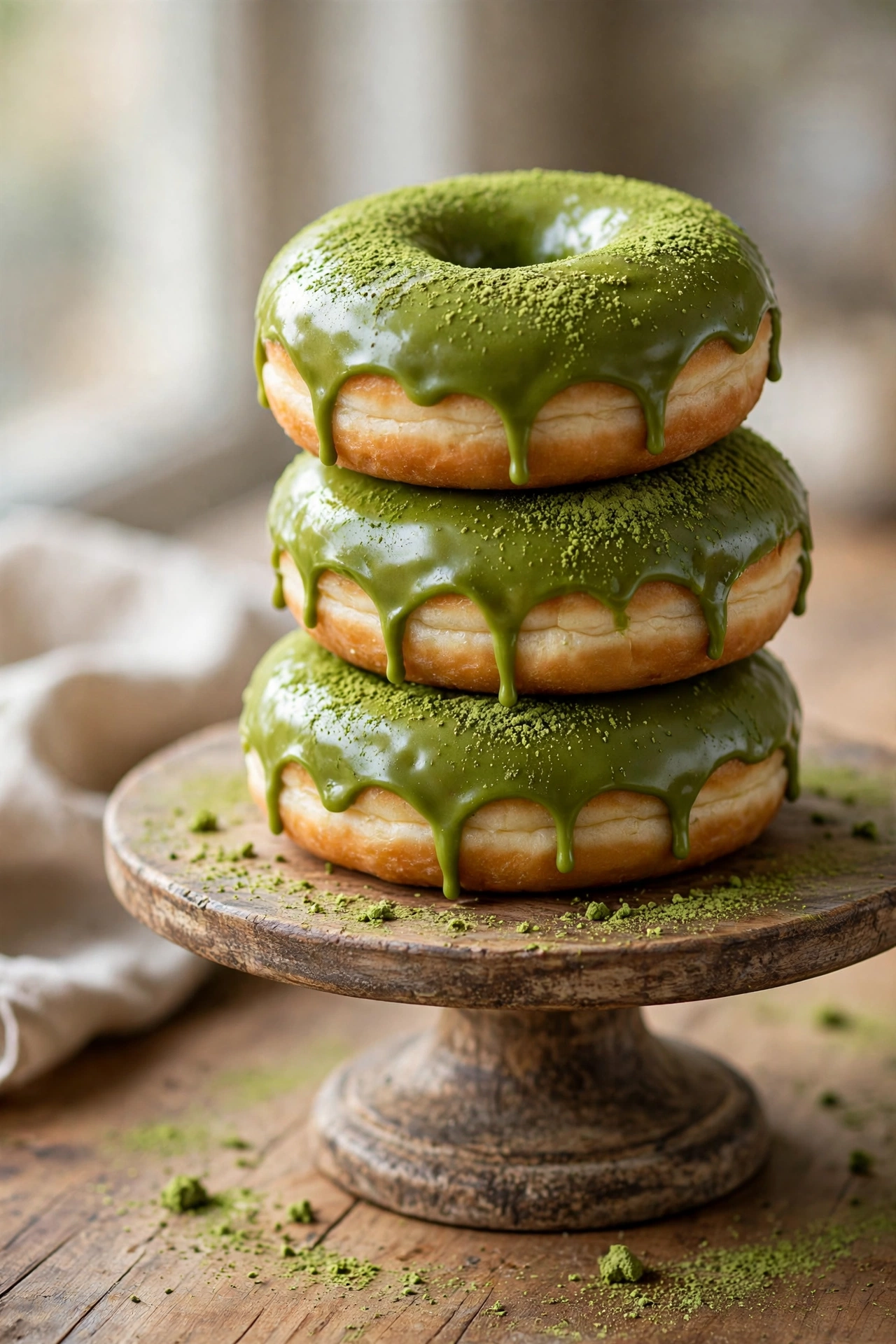 Matcha glazed donuts with green icing and sprinkles