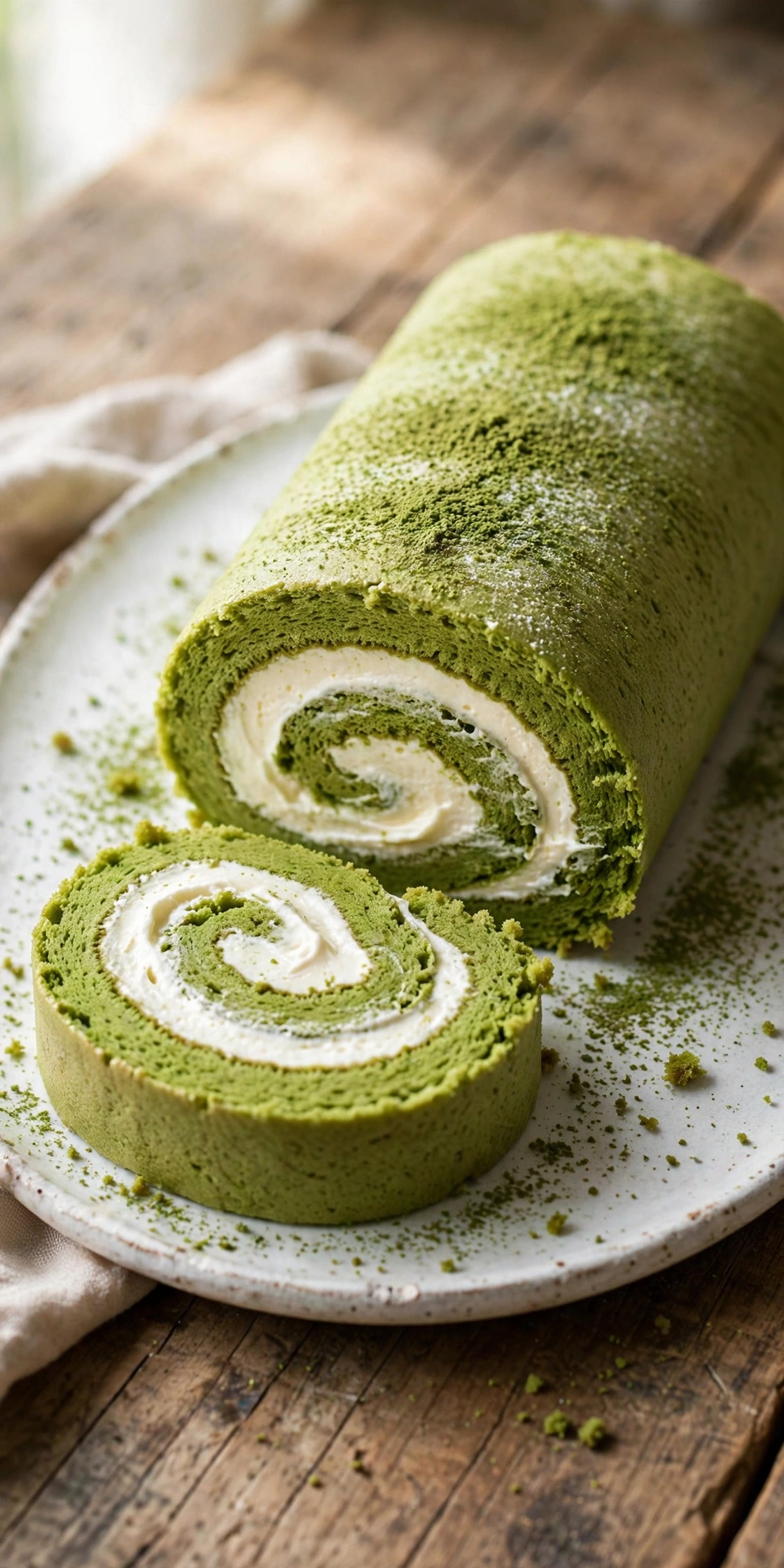 Matcha Swiss roll cake with green sponge and cream filling