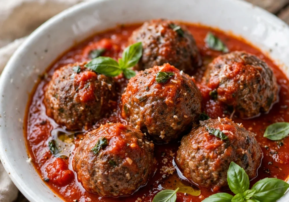 Overhead view of classic Italian meatballs in marinara sauce, topped with parmesan and basil
