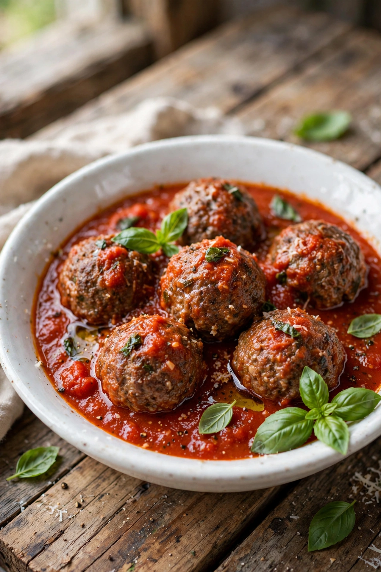 Overhead view of classic Italian meatballs in marinara sauce, topped with parmesan and basil