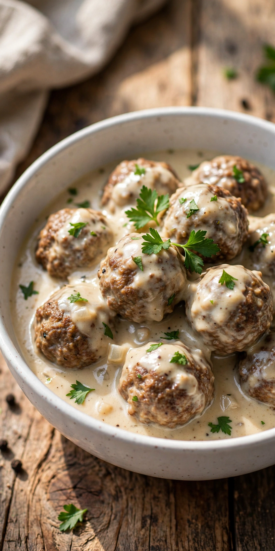 Close-up view of Swedish meatballs in creamy gravy with lingonberry jam and parsley