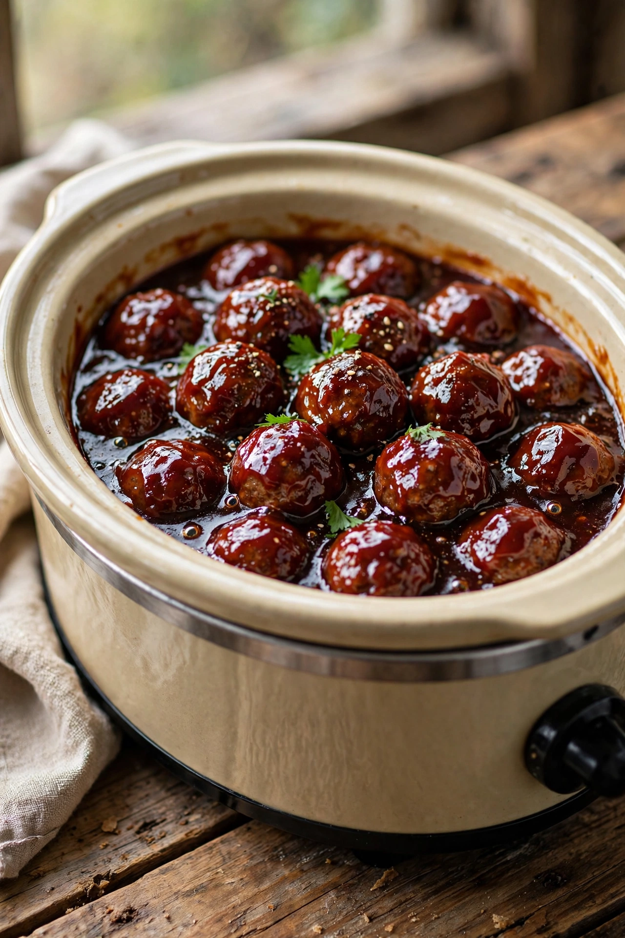 Overhead view of BBQ grape jelly meatballs in sticky sweet glaze in a slow cooker